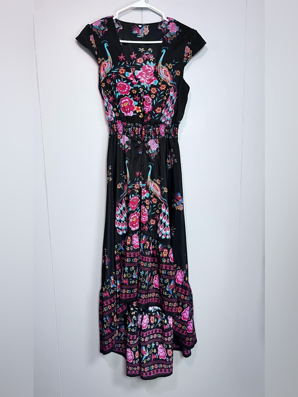 Floral Peacock Maxi Dress Black Pink Blue Boho Empire Waist M